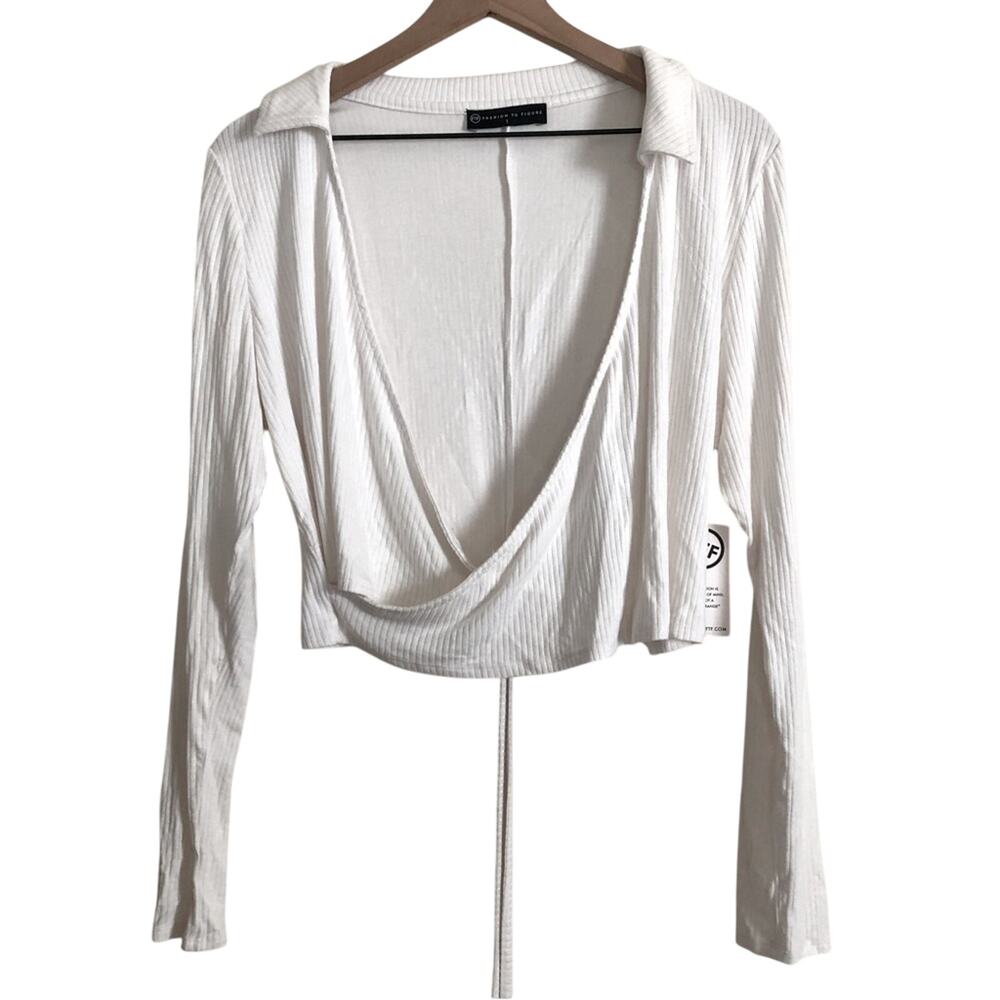 NWT Fashion to Figure Plus Size White Ribbed Long Sleeve Crop Wrap Blouse Top